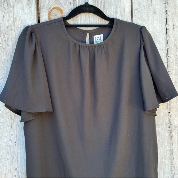 Badgley Mischka black ruffle short sleeve bowtie sash layered lined flowy blouse - Picture 13 of 15